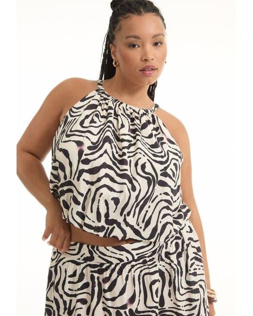 June + Vie White Patterned Cropped Halter Top