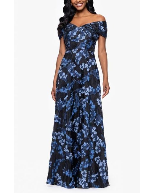 Betsy & Adam Blue Embroidered Floral Off The Shoulder Gown
