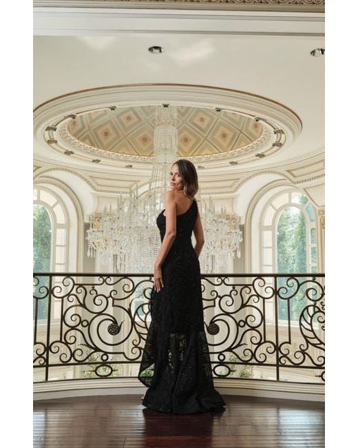 Xscape Evenings Sequin Embroidery One-Shoulder High-Low Gown in Black | Lyst