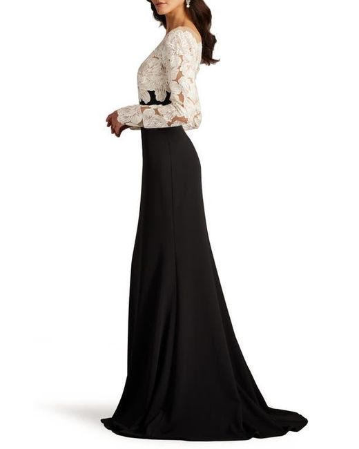 sachin and babi light blue dress Tadashi Shoji Floral Lace Bodice Mixed Media Long Sleeve Gown in Black
