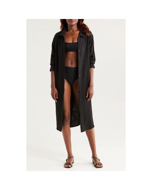 Nordstrom Black Cotton Gauze Cover-Up Shirtdress