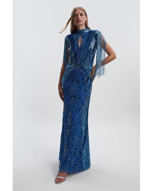 Karen Millen Women's Blue Embellished Tassel Sleeve Maxi Dress