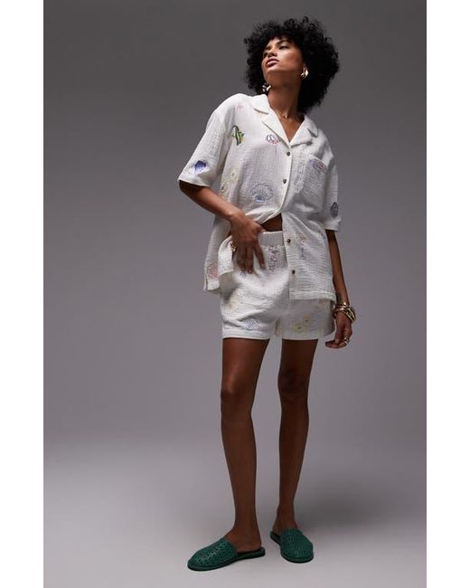 TOPSHOP Gray Resort Embroidered Cotton Camp Shirt