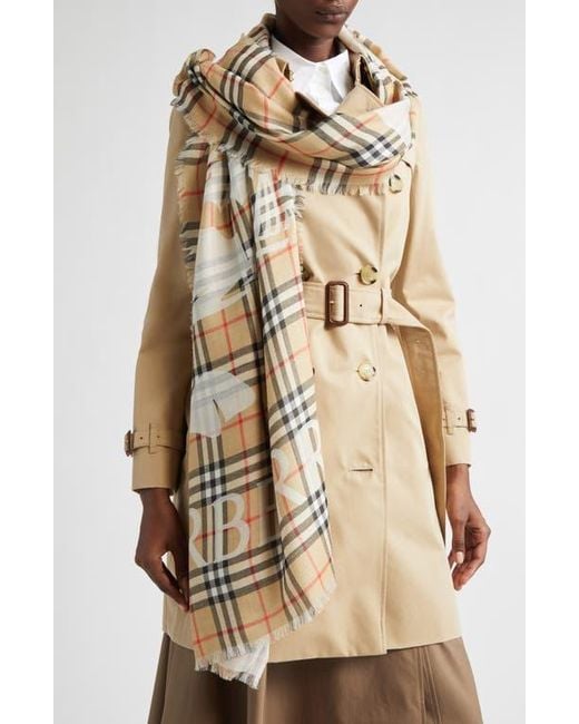 Burberry Women's Natural Wide Ekd Check Wool & Silk Fringe Scarf