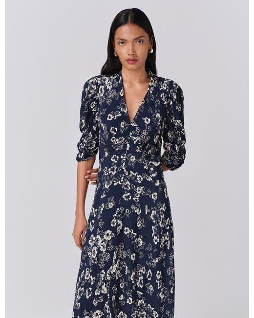 ghost blue floral dress GHOST Paloma Puff Sleeve Floral Midi Dress