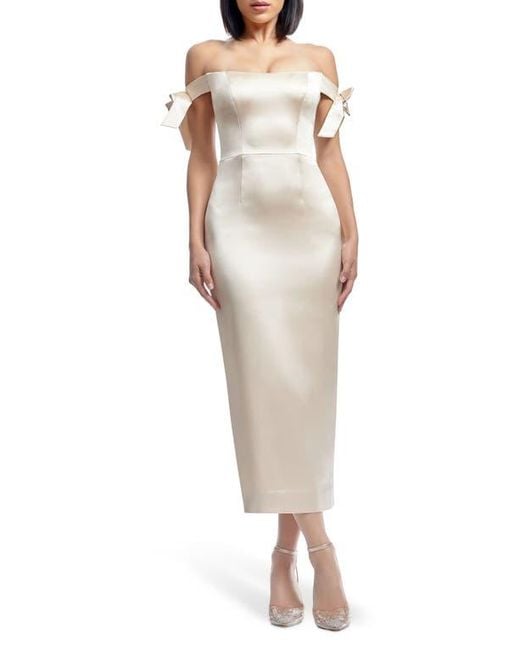 Dress the Population Natural Verona Off The Shoulder Satin Midi Cocktail Dress