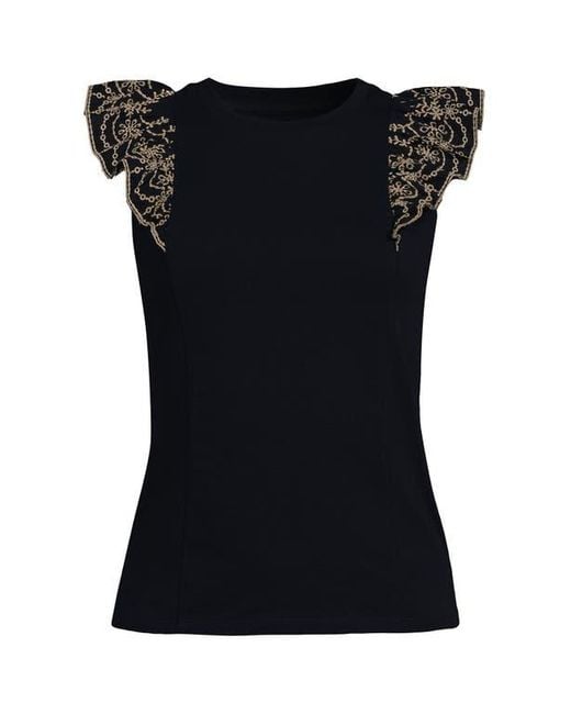 Lands' End Black Embroidered Ruffle Tank Top