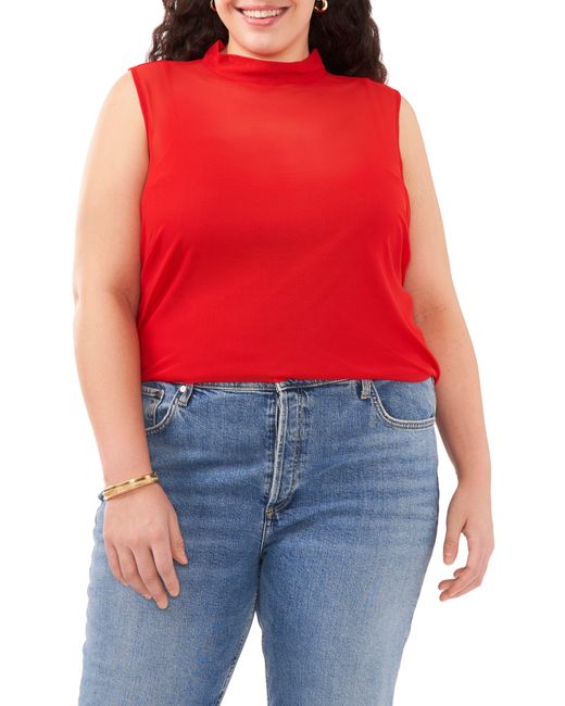 Vince Camuto Red Sleeveless Mock Neck Mesh Top