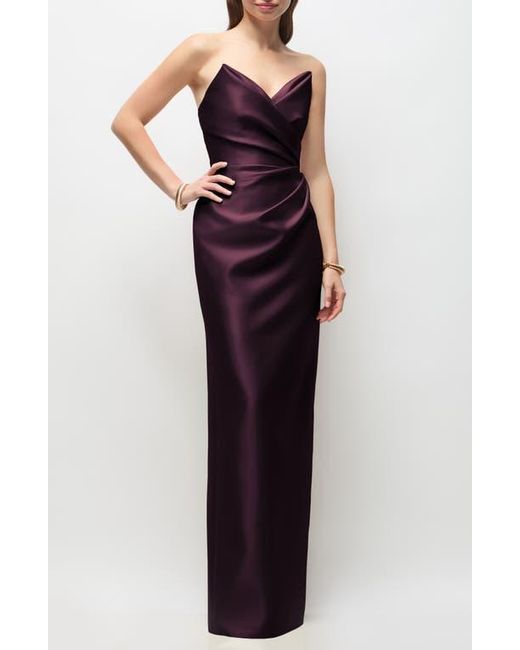 alfred sung satin dress Deep V-back Satin Trumpet Dress With Cascading Bow At One Shoulder In Midnight