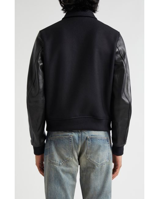John Elliott Black Wool Blend & Leather Varsity Jacket for men