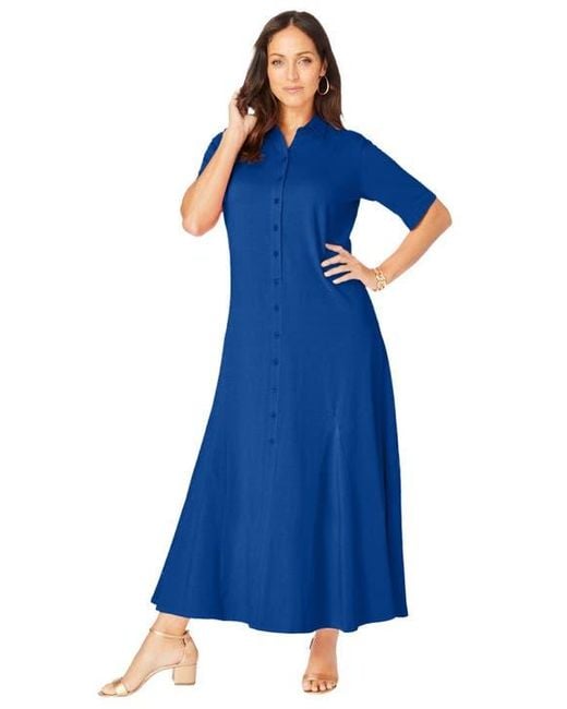 Jessica London Blue Stretch Cotton Button Front Maxi Dress