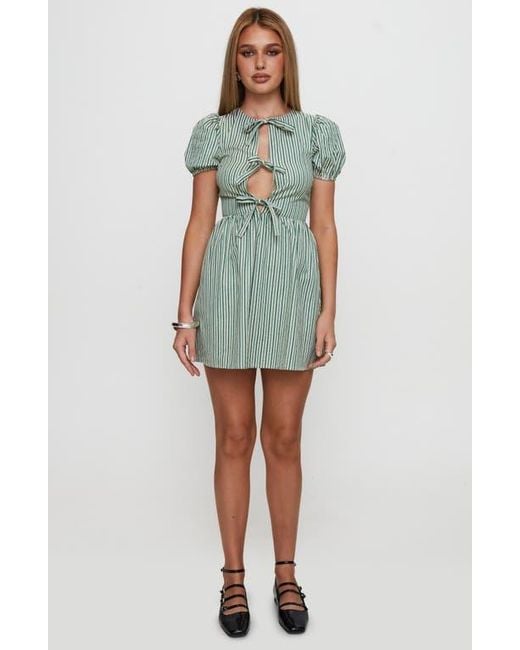 Princess Polly Blue Nurture Tie Front Puff Sleeve Cotton Blend Minidress