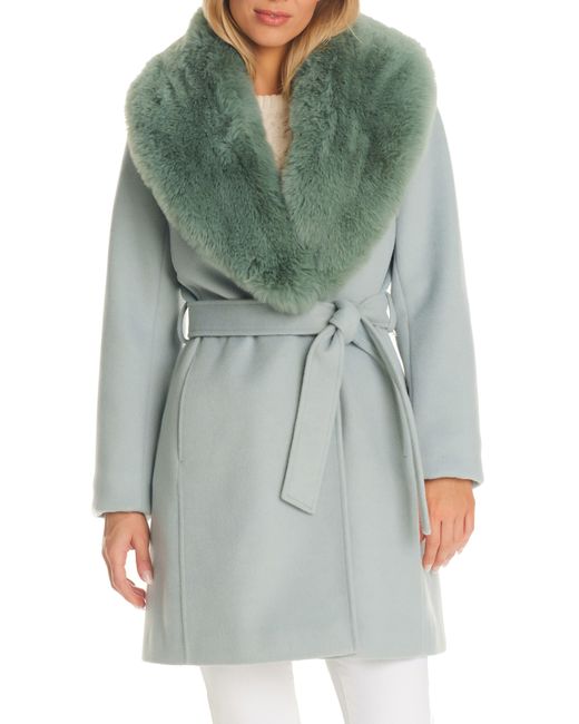 Vince Camuto Green Double Breasted Coat With Removable Faux Fur Collar