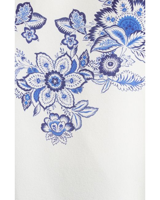 Etro Blue Placed Floral Print Silk Poncho
