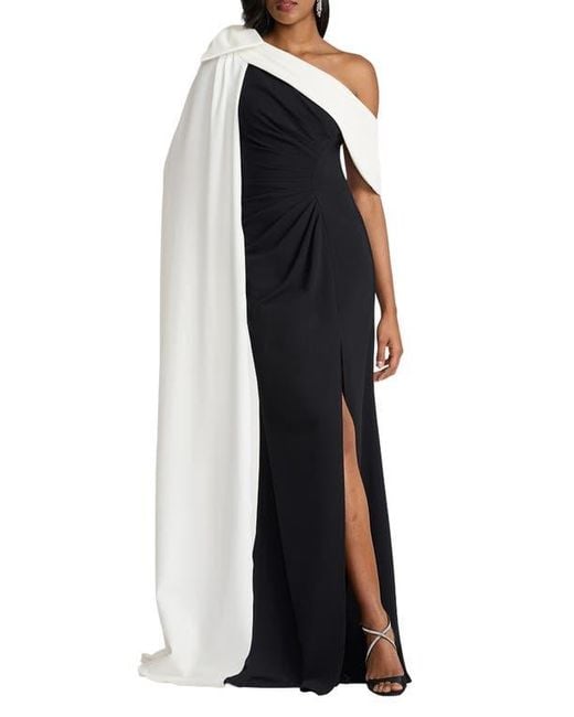 Tadashi Shoji Blue Bow Cape Detail One-Shoulder Gown