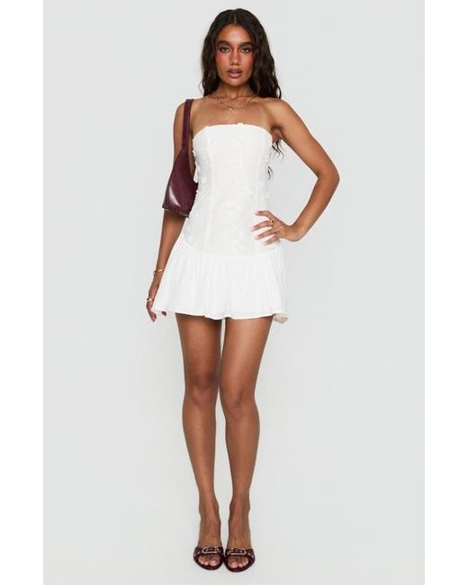 princess polly white ruffle mini dress Princess Polly Love Is Alive slinky dropped waist lace trim ruffle skirt  mini dress in white