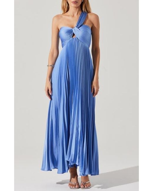 Astr Blue Rasya Pleated One-Shoulder Maxi Dress