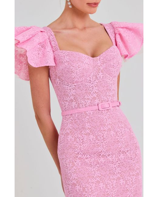 Nadine Merabi Pink Belted Ruffle Lace Midi Dress