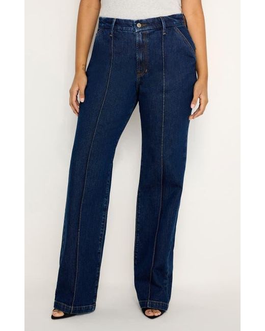 GOOD AMERICAN Blue Pintuck High Waist Wide Leg Trouser Jeans