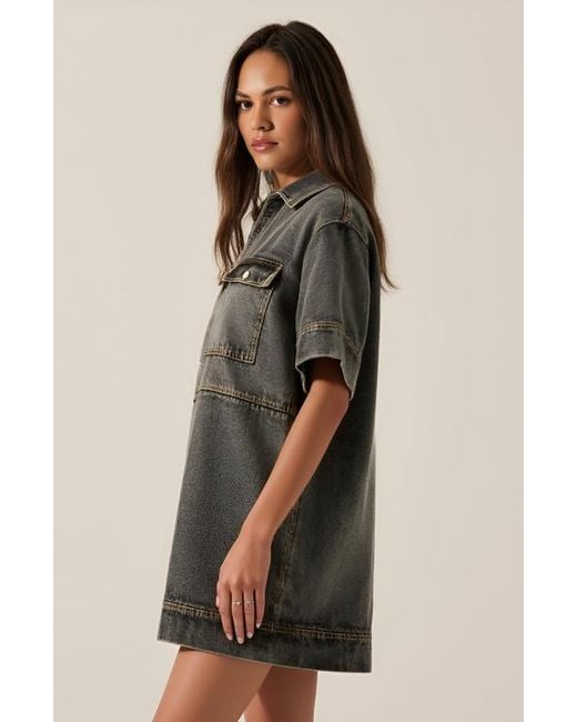 Modenaire Natural Solid Denim Mini Shirt Dress With Collared V-Neck, Short Sleeves And Chest Flap Pockets