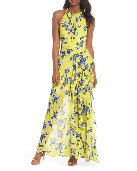 Eliza J Halter Ruffle Maxi Dress in Yellow | Lyst