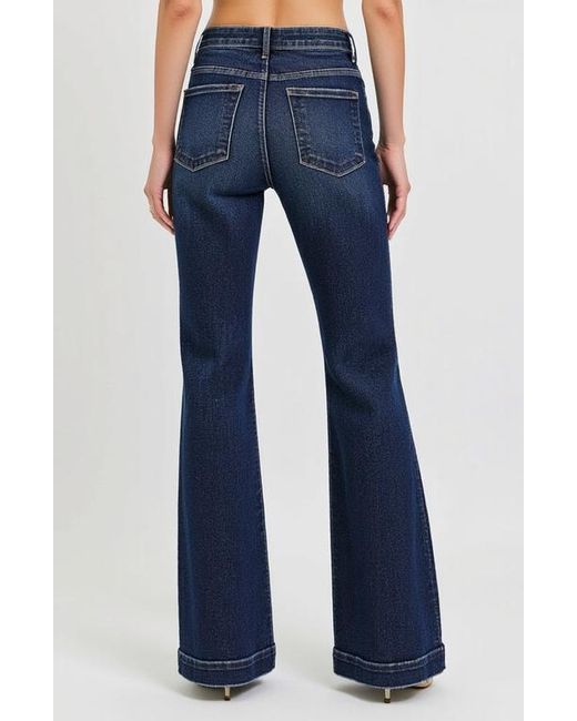 Modenaire Blue High Waist Flare Jeans With Front Patch Pockets