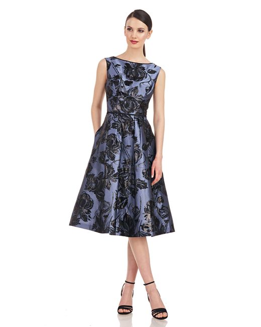 Kay Unger Blue Jackie Floral Jacquard Sleeveless Midi Dress