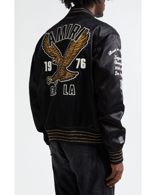 Amiri Black Eagle Embroidered Satin Varsity Jacket for men
