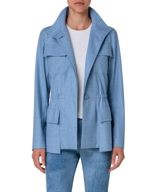Akris Blue Cinch Waist Stretch Wool Flannel Jacket