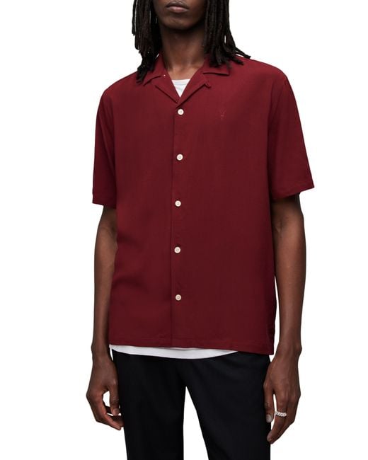AllSaints Red Venice Relaxed Fit Short Sleeve Button-up Camp Shirt for men