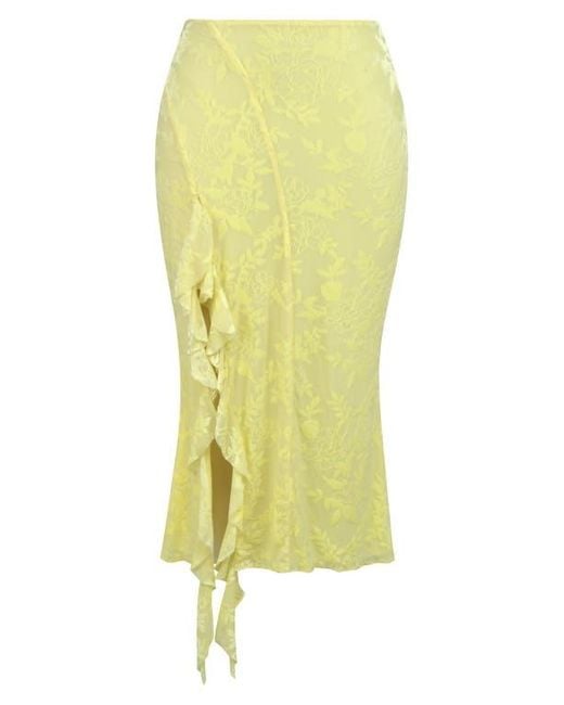 Mistress Rocks Floral Burnout Velvet Ruffle Spiral Midi Skirt in Yellow ...