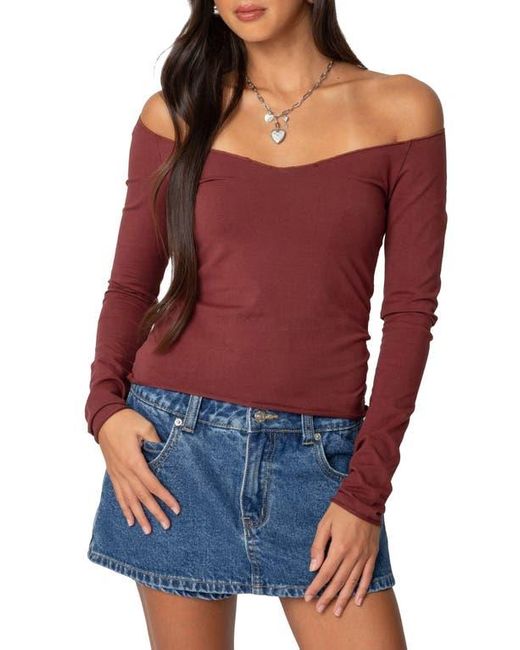 Edikted Red Nattie Off The Shoulder Long Sleeve Top