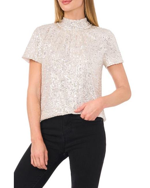 Cece White Sequin Mock Neck Top