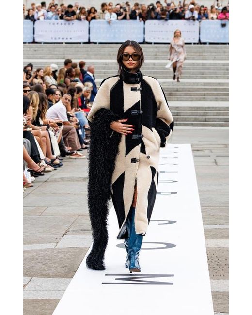 TOPSHOP Blue Patchwork Colorblock Faux Shearling Longline Coat