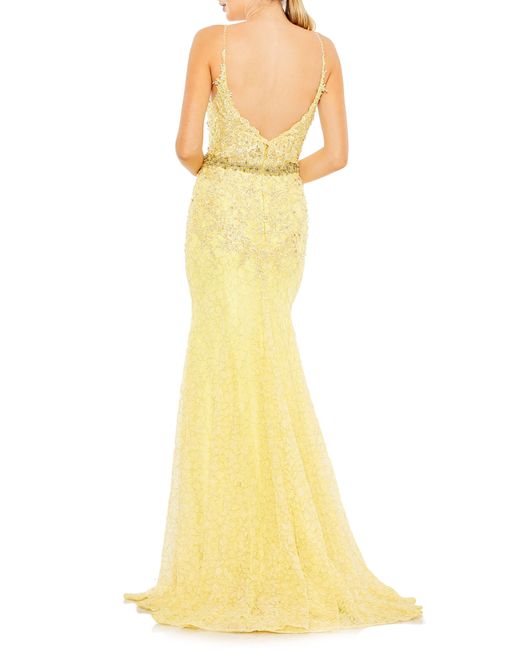 Mac Duggal Yellow Floral Appliqué Plunge Mermaid Gown