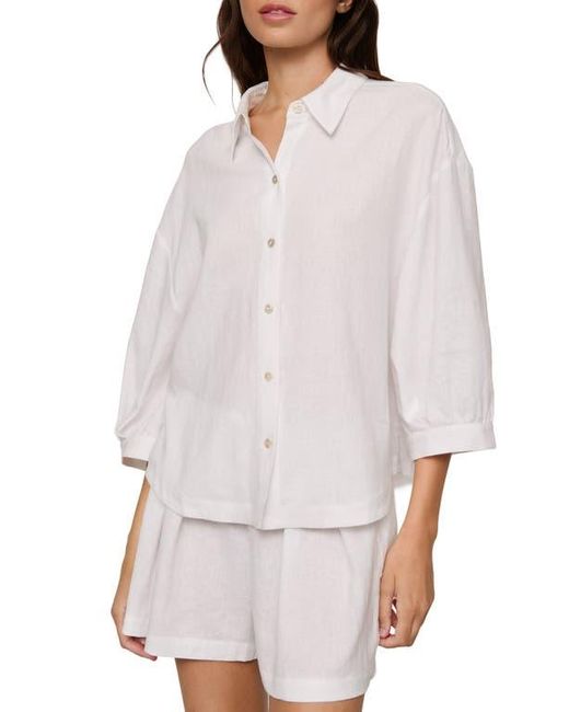 Eberjey White Relaxed Linen Blend Button-Up Sleep Shirt