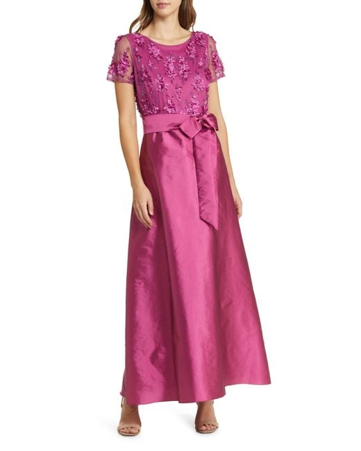 Pisarro Nights Pink 3d Floral Bodice Beaded Gown