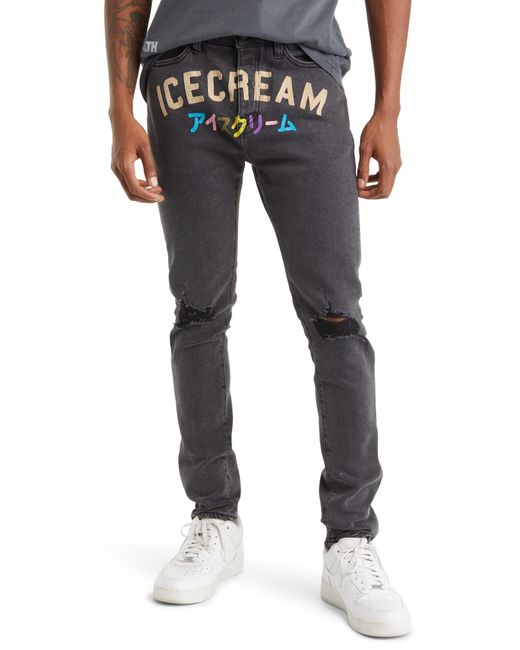 Ice Cream Blue Distressed Logo Jeans for men