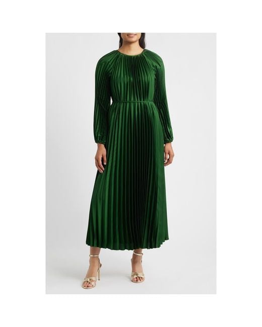 Julia Jordan Green Pleated Long Sleeve Satin Midi Dress