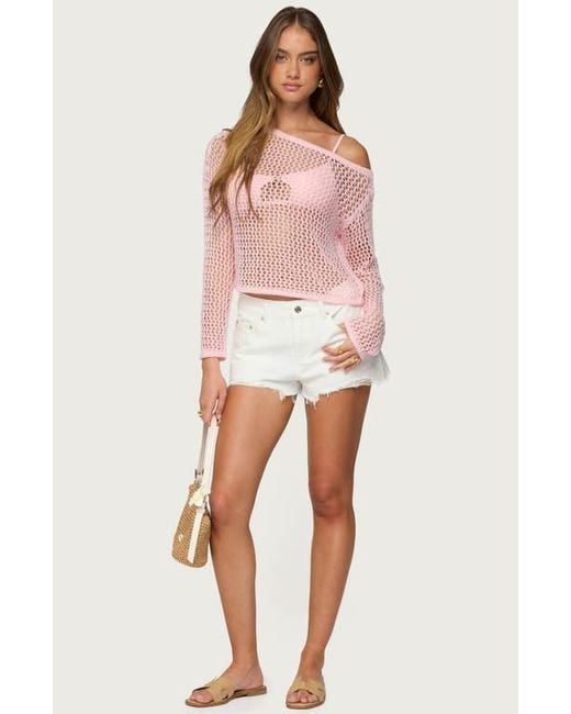 Edikted Pink Inara Off-The-Shoulder Long Sleeve Mesh Top