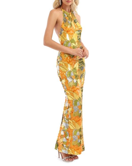 HELSI Yellow Uma Floral Sequin Halter Neck Sheath Gown