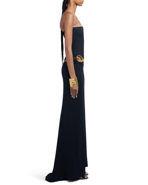 Tom Ford Blue Stretch Sable Cutout Chain Detail Strapless Evening Dress