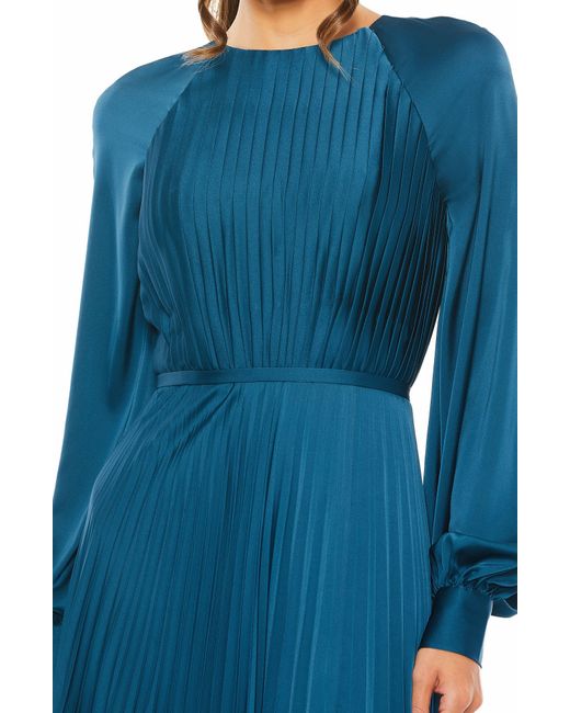 Ieena for Mac Duggal Blue Pleated Long Sleeve Satin A-line Gown