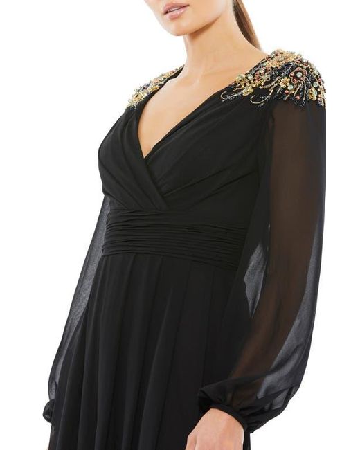 Mac Duggal Black Embellished Shoulder Blouson Sleeve Evening Gown