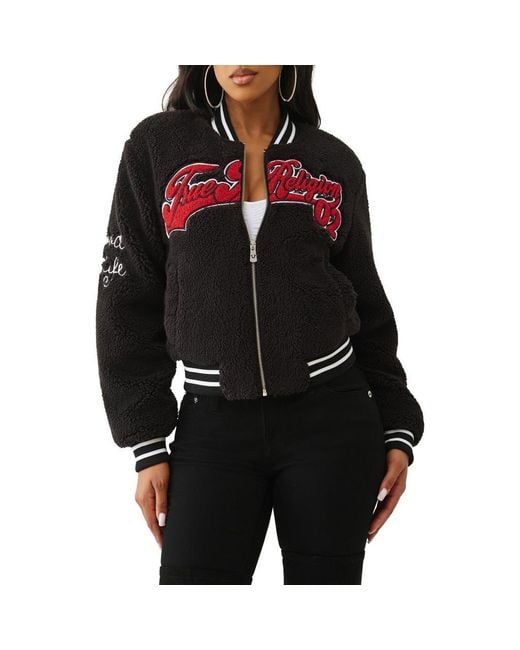 True Religion Black Varsity Chenille Bomber Jacket
