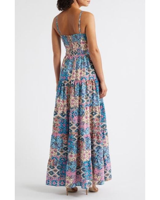 Eliza J Blue Mixed Print Bow Front Tiered Maxi Sundress