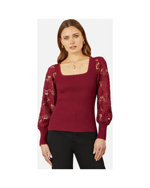 Yumi' Red Ribbed Knitted Lace Sleeve Top