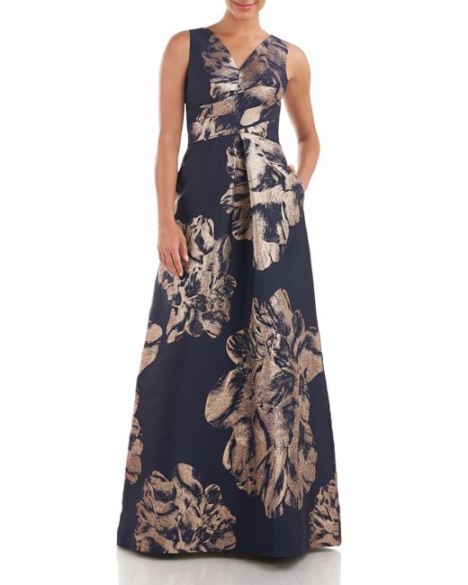 Kay Unger Alaina Shimmer Floral Gown in Blue | Lyst