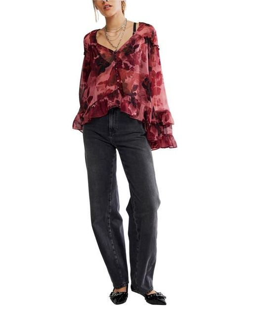 Free People Red Day Dreaming Ruffle Trim Top