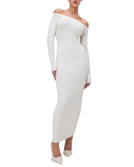 GOOD AMERICAN White Shine Off The Shoulder Long Sleeve Maxi Dress